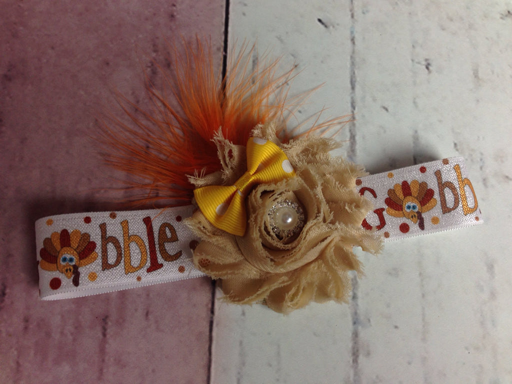 Fall shabby flower headband pearl and rhinestone center with feathers - Pretty's Bowtique