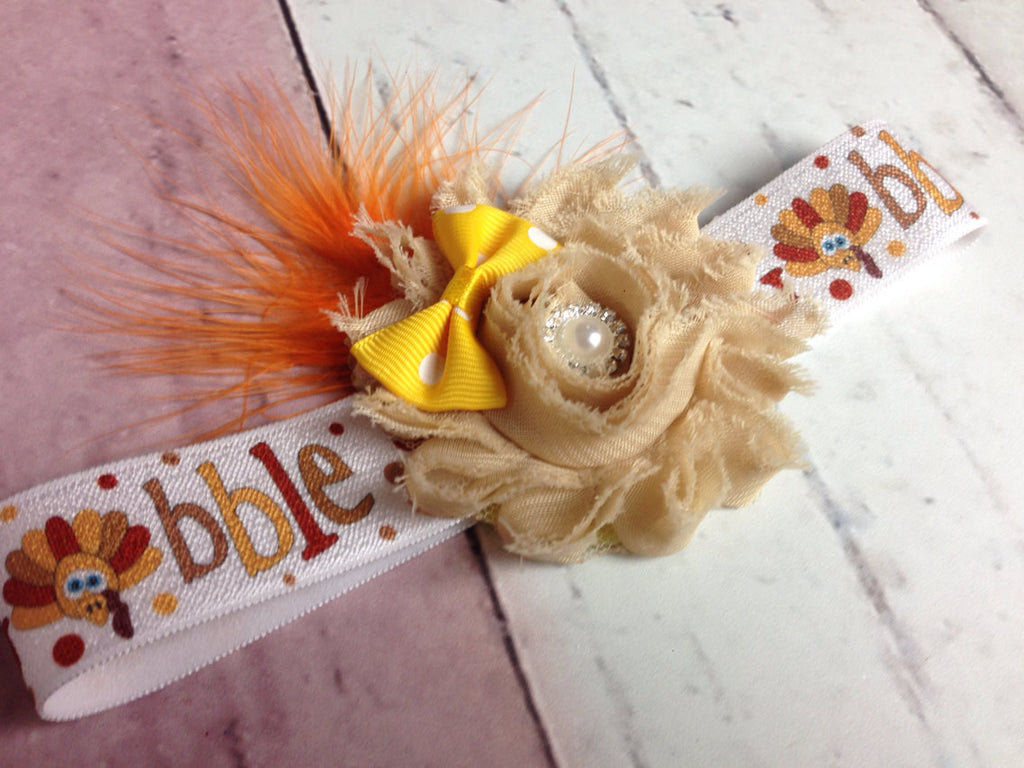 Fall shabby flower headband pearl and rhinestone center with feathers - Pretty's Bowtique