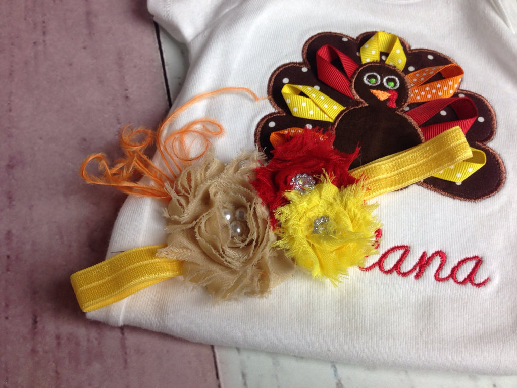 Fall shabby flower headband pearl and rhinestone center with feathers - Pretty's Bowtique