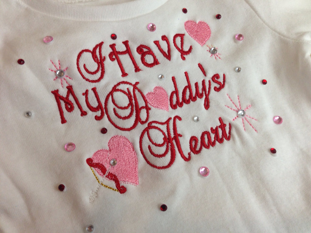 Girls Valentine's Day shirt -- I have my DADDY'S heart with bling. SET with Legwarmers Polka Dots - Pretty's Bowtique