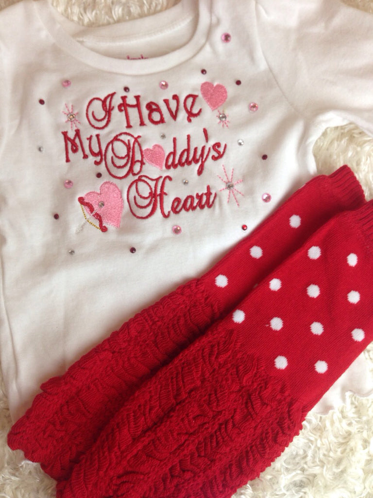 Girls Valentine's Day shirt -- I have my DADDY'S heart with bling. SET with Legwarmers Polka Dots - Pretty's Bowtique