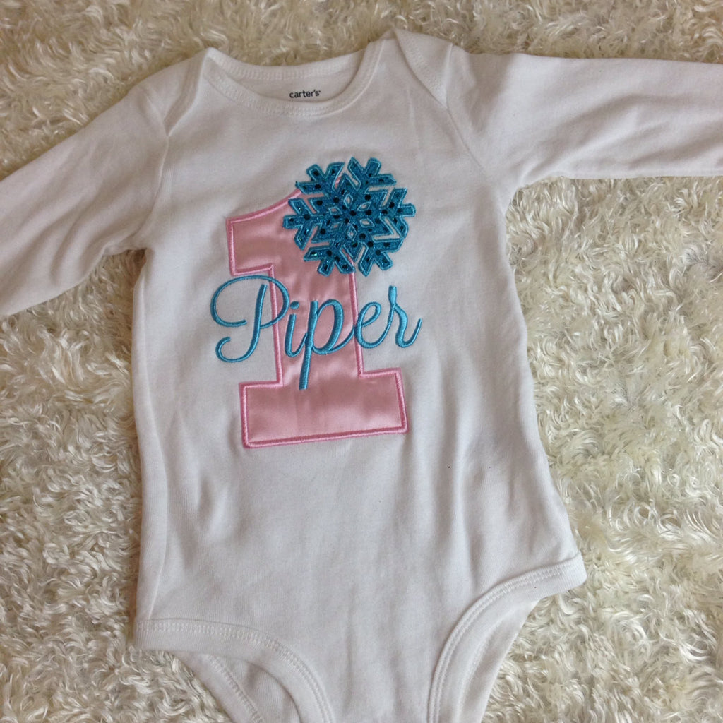 Girls Snowflake Winter Wonderland birthday shirt or bodysuit -- can customize age and colors Onerland - Pretty's Bowtique