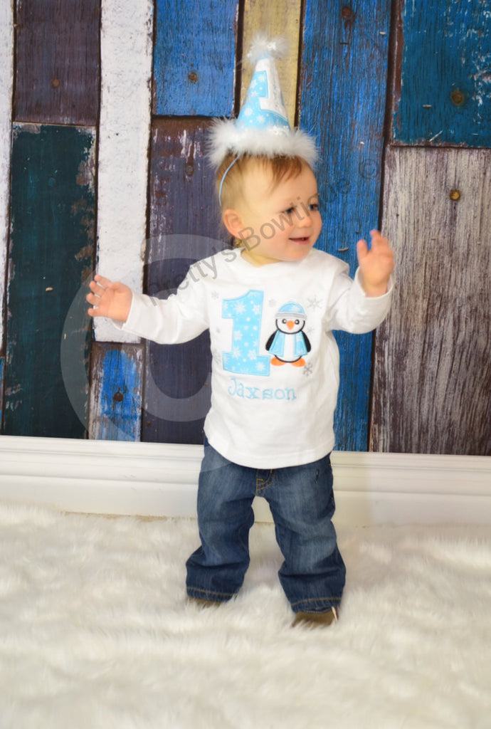 Boys winter birthday shirt -- Winter Wonderland birthday shirt adorable penguin can customize - Pretty's Bowtique