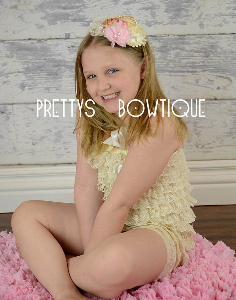 Lace Petti Romper in Cream Ivory in Baby, Toddler, & Girls Sizes - Pretty's Bowtique