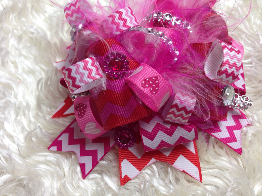 Chevron & hearts BLING FEATHERS Bow 4" - Pretty's Bowtique