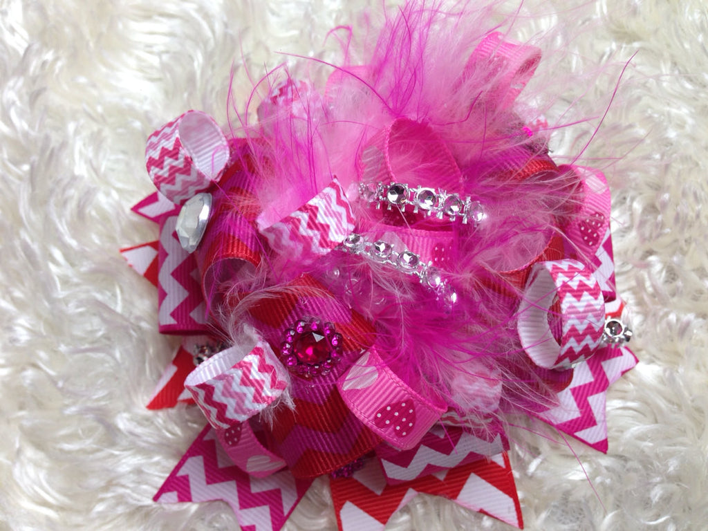 Chevron & hearts BLING FEATHERS Bow 4" - Pretty's Bowtique