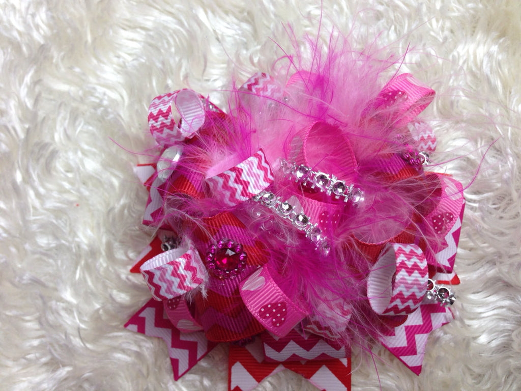 Chevron & hearts BLING FEATHERS Bow 4" - Pretty's Bowtique
