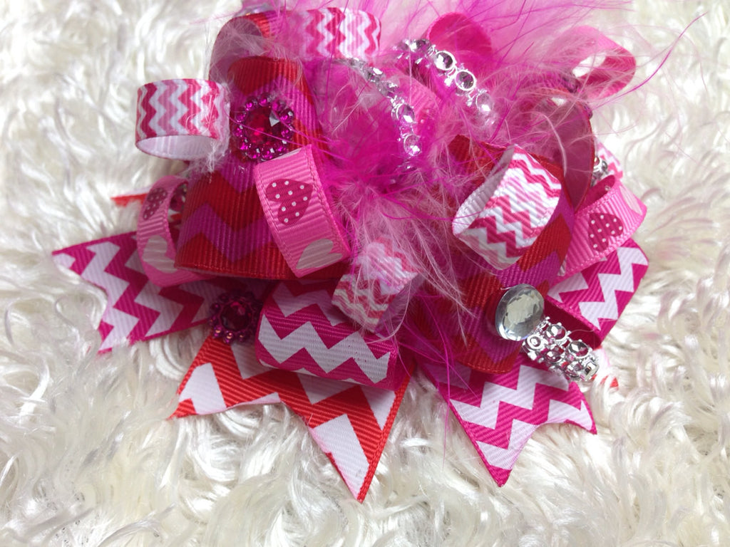 Chevron & hearts BLING FEATHERS Bow 4" - Pretty's Bowtique