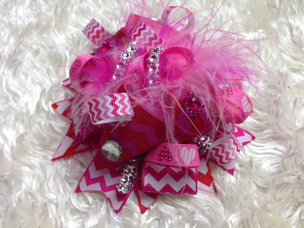 Chevron & hearts BLING FEATHERS Bow 4" - Pretty's Bowtique