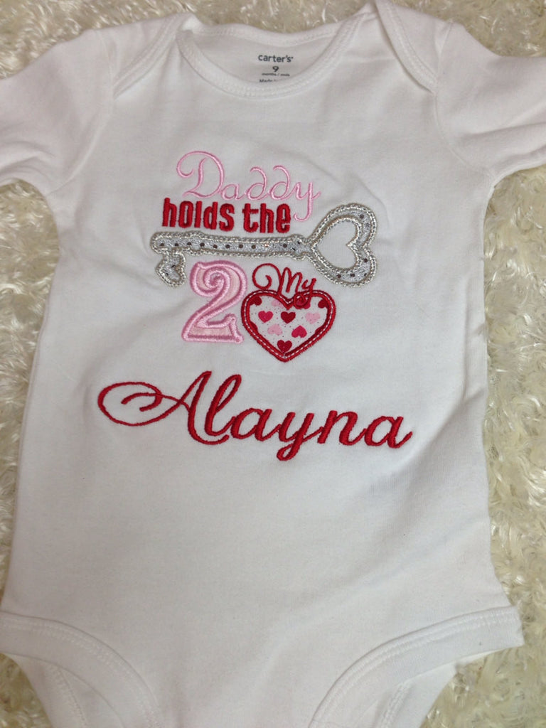 Daddy holds the KEY to my HEART shirt or bodysuit  personalize no charge.  Valentine's Valentines Day Shirt Personalized - Pretty's Bowtique