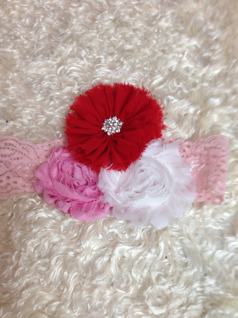 Valentine's Day flower headband  Super cute Shabby rose and Chiffon Flower combo on lace headband - Pretty's Bowtique