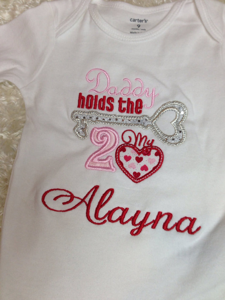 Daddy holds the KEY to my HEART shirt or bodysuit  personalize no charge.  Valentine's Valentines Day Shirt Personalized - Pretty's Bowtique