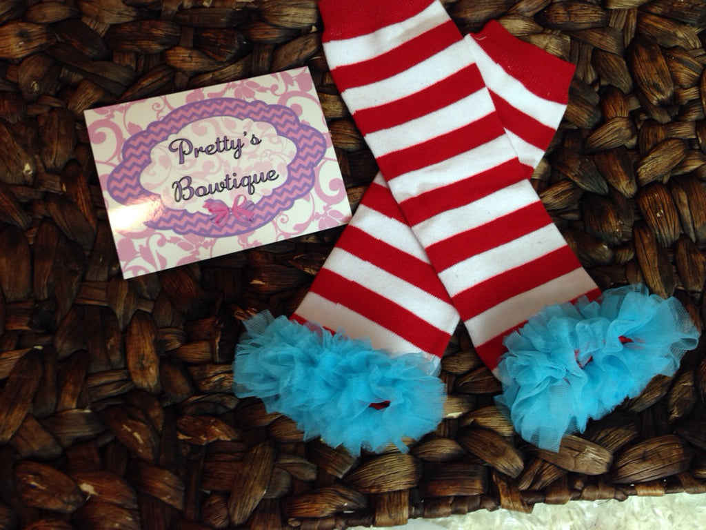 Leg Warmers-Baby leg warmers/Photo Prop red and white stripe with turquoise ruffle - Pretty's Bowtique