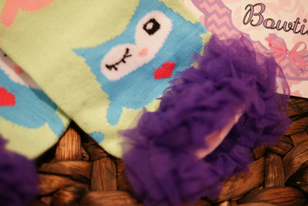 Girls owl Leg Warmers - Baby leg warmers/Photo Prop girl OWLS RUFFLES Purple - Pretty's Bowtique