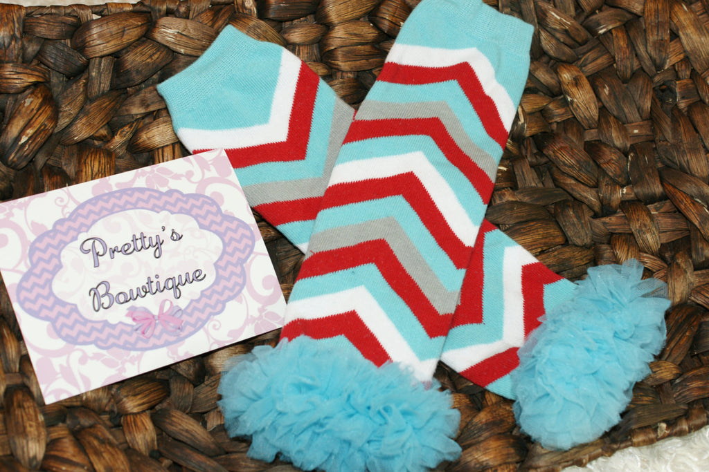 Chervon Thing 1 Thing 2 Leg Warmers-Baby leg warmers/Photo Prop red, gray, white and turquoise chevron RUFFLES - Pretty's Bowtique