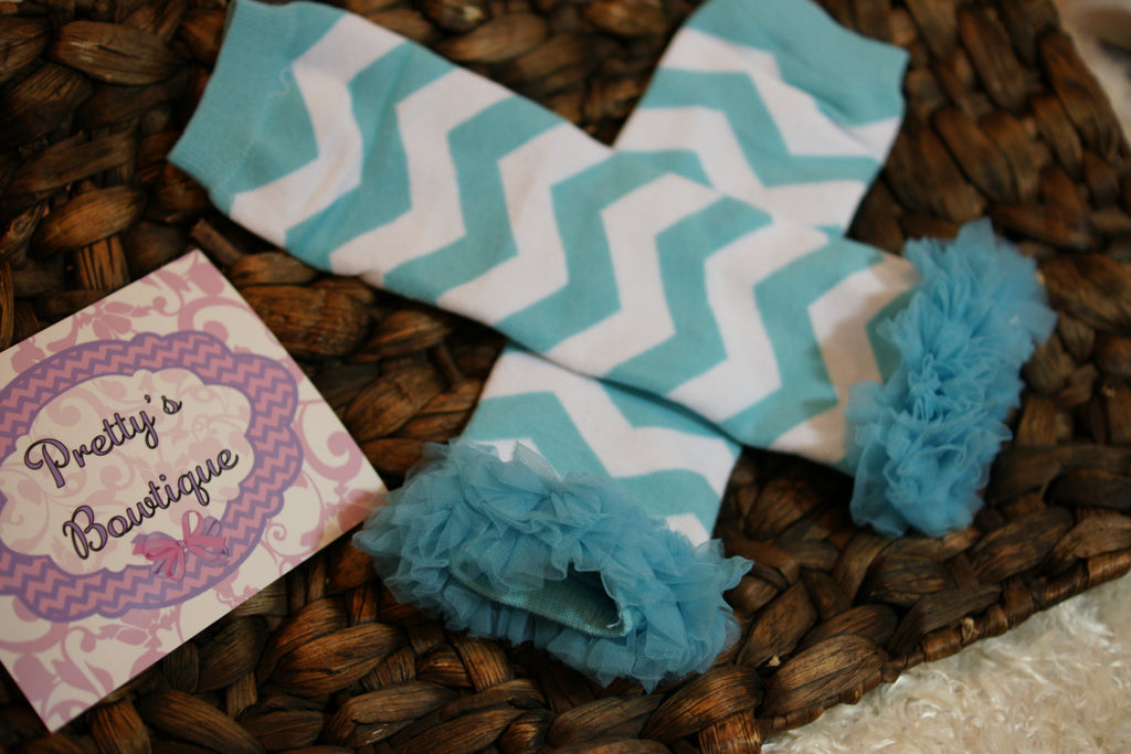 Leg Warmers-Baby leg warmers/Photo Prop  white and turquoise chevron RUFFLES - Pretty's Bowtique