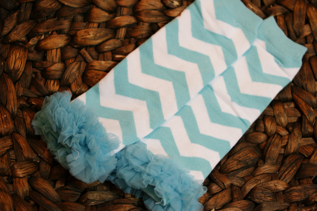 Leg Warmers-Baby leg warmers/Photo Prop  white and turquoise chevron RUFFLES - Pretty's Bowtique