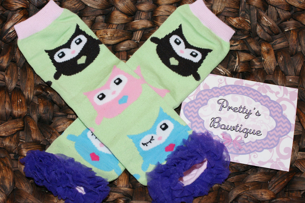 Girls owl Leg Warmers - Baby leg warmers/Photo Prop girl OWLS RUFFLES Purple - Pretty's Bowtique