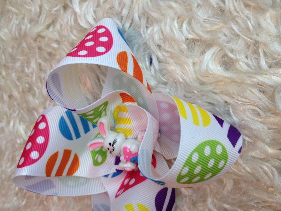 Easter Eggs 3" bow With Resin Bunny Center - Pretty's Bowtique