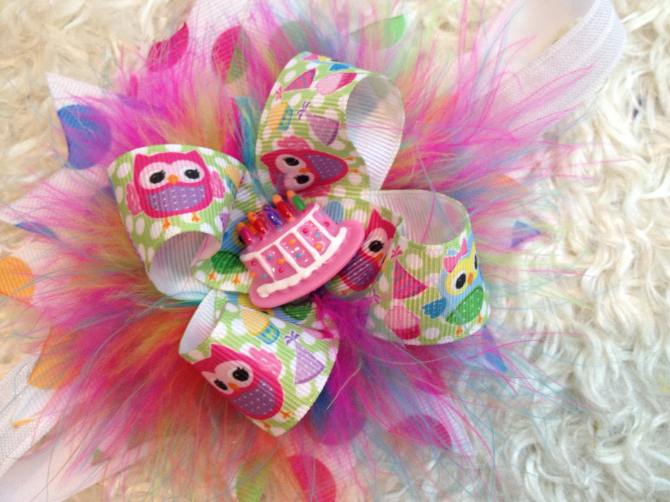 Owl Birthday bow with feathers - Pretty's Bowtique