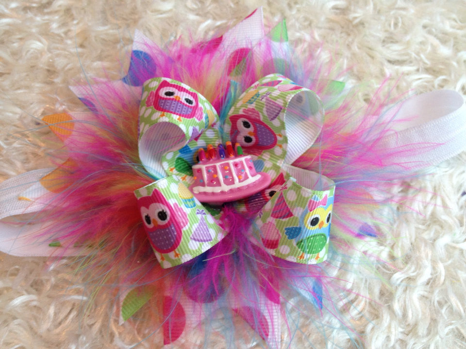 Owl Birthday bow with feathers - Pretty's Bowtique