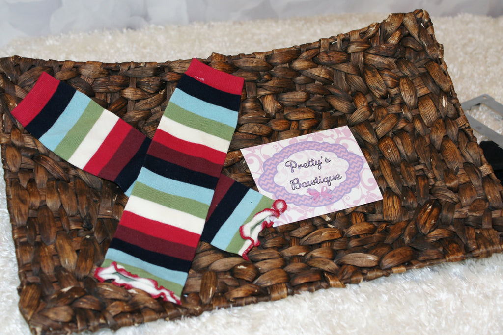 Leg Warmers-Baby leg warmers/Photo Prop Cream mulit color stripe ruffled bottom - Pretty's Bowtique