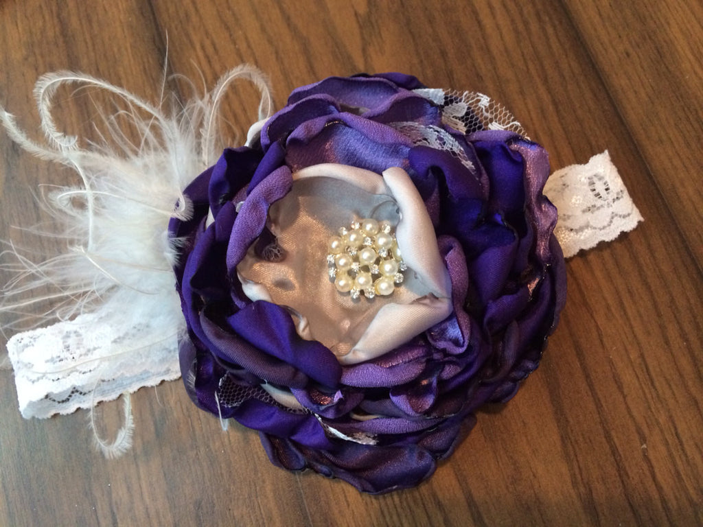 Over the top handmade flower headband flowers, Purples and Silver , lace, and rhinestones.  Perfect Photo Prop - Pretty's Bowtique