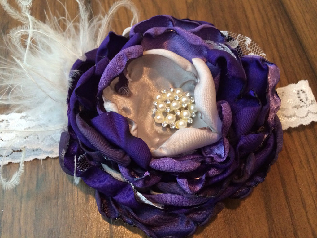 Over the top handmade flower headband flowers, Purples and Silver , lace, and rhinestones.  Perfect Photo Prop - Pretty's Bowtique