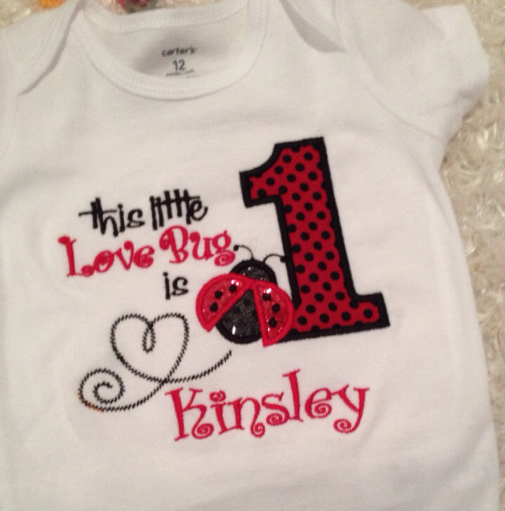Lady bug birthday shirt.  This little LOVE BUG is ONE ladybug birthday shirt - Pretty's Bowtique
