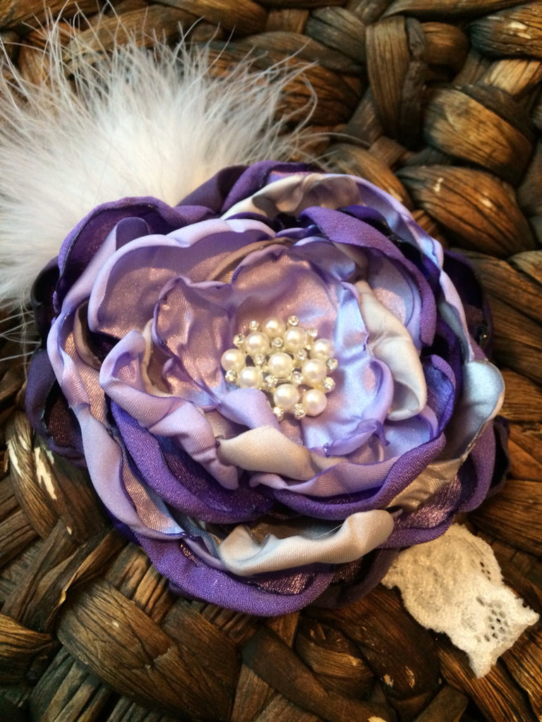Over the top handmade flower headband flowers, Purples and Silver , lace, and rhinestones.  Perfect Photo Prop - Pretty's Bowtique