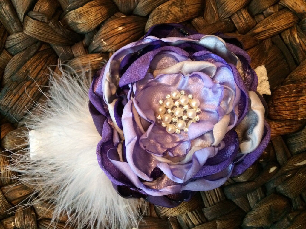 Over the top handmade flower headband flowers, Purples and Silver , lace, and rhinestones.  Perfect Photo Prop - Pretty's Bowtique