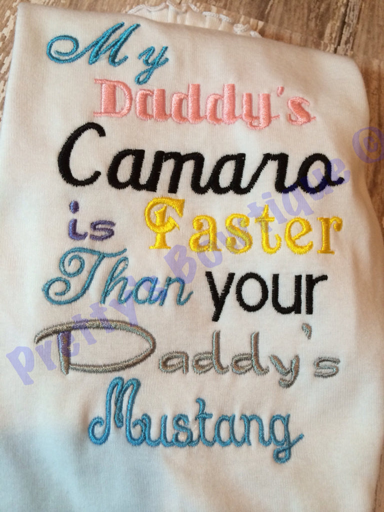 My daddy's mustang is faster than your daddy's Camaro shirt -- Girls outfit shirt or bodysuit, legwarmers and headband - Pretty's Bowtique