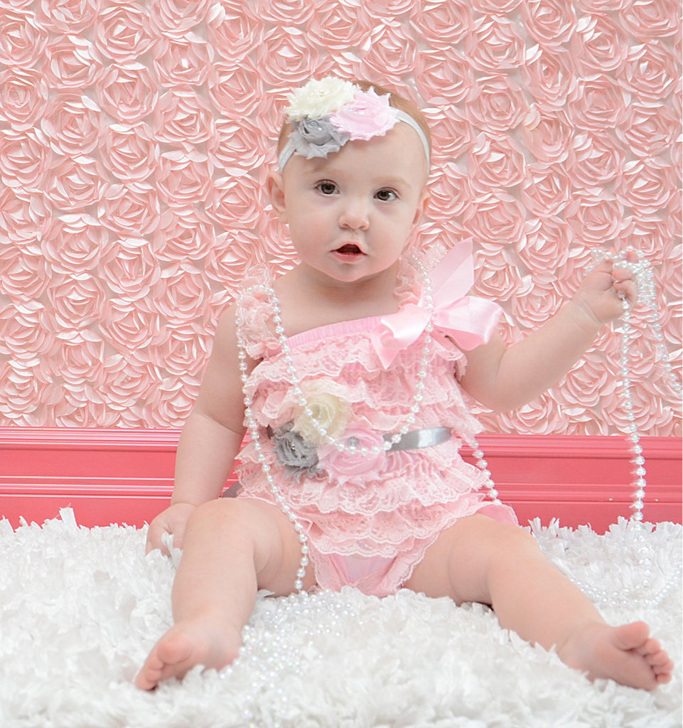 Flower headband can customize colors.  Shabby Rose triple flower headband pink, gray, and cream - Pretty's Bowtique