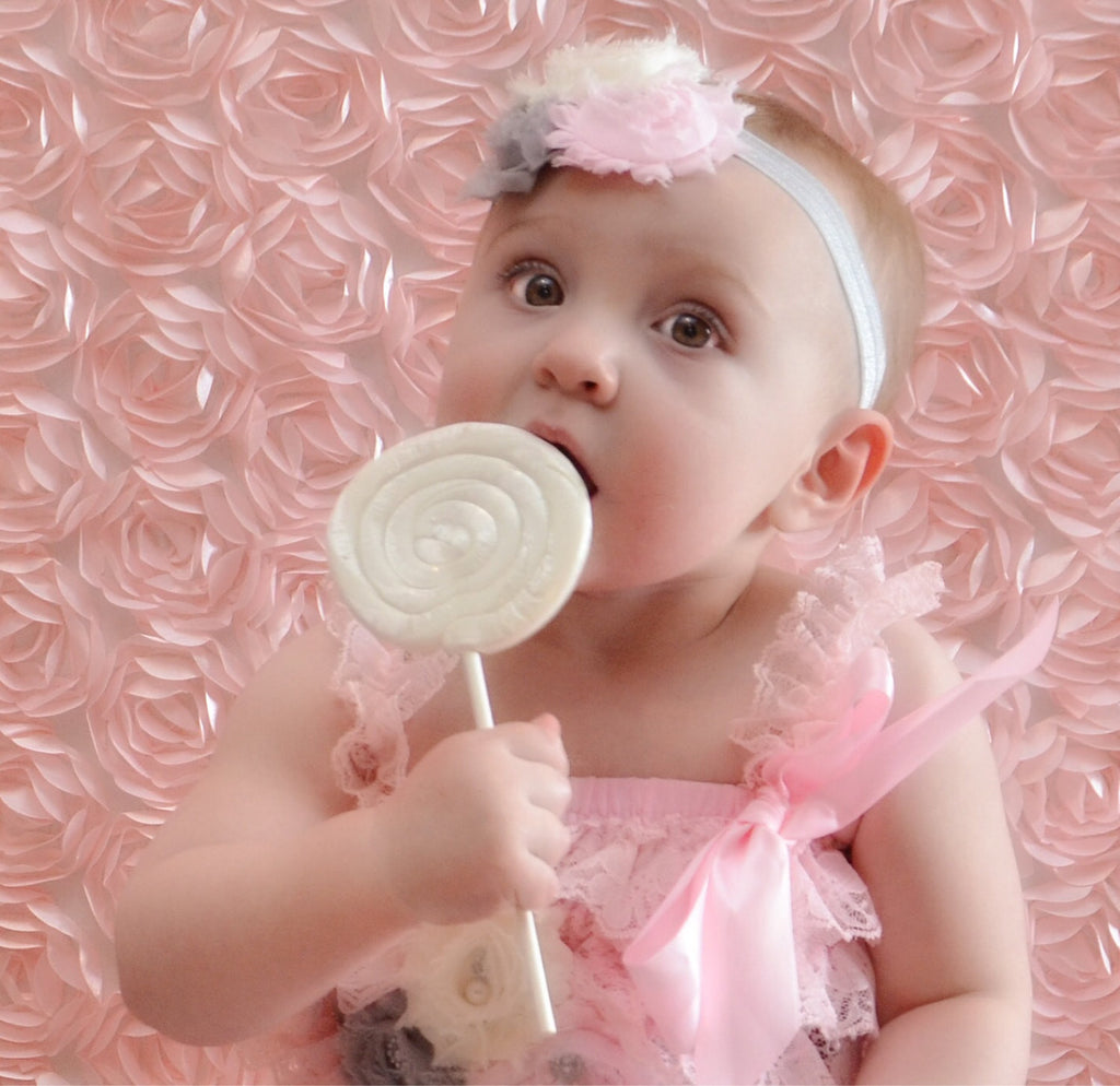 Flower headband can customize colors.  Shabby Rose triple flower headband pink, gray, and cream - Pretty's Bowtique