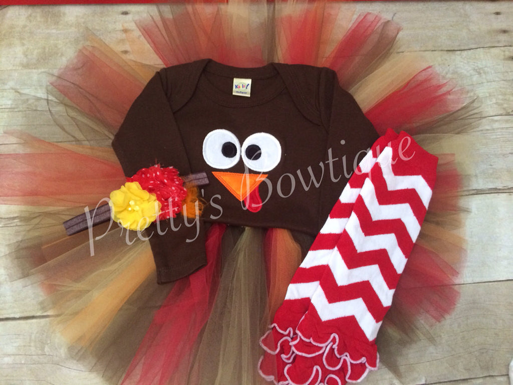 Turkey Outfit for Girls Sizes Newborn to XL 14 with Shirt or Bodysuit, Tutu, Leg Warmers and Headband (4 Pieces) - Pretty's Bowtique