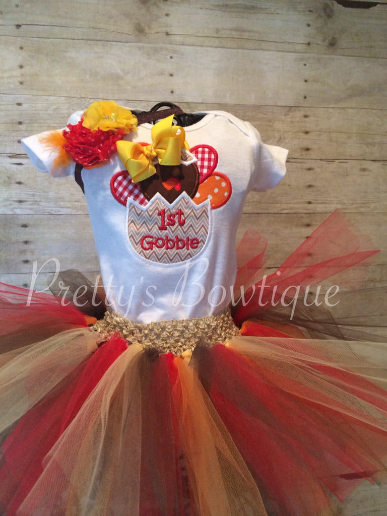 Thanksgiving outfit baby, toddler, kids. Thanksgiving set turkey shirt, tutu, legwarmers, and headband Gobble - Pretty's Bowtique