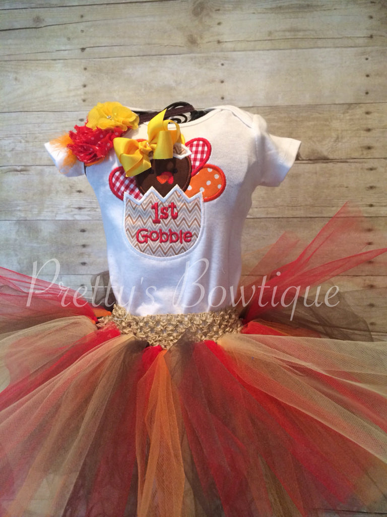 Thanksgiving outfit baby, toddler, kids. Thanksgiving set turkey shirt, tutu, legwarmers, and headband Gobble - Pretty's Bowtique