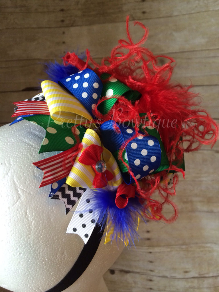 Over the top UNO inspired bow with feathers, layered ribbon on a clip or headband uno - Pretty's Bowtique