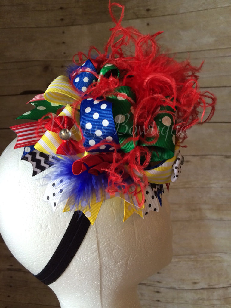 Over the top UNO inspired bow with feathers, layered ribbon on a clip or headband uno - Pretty's Bowtique