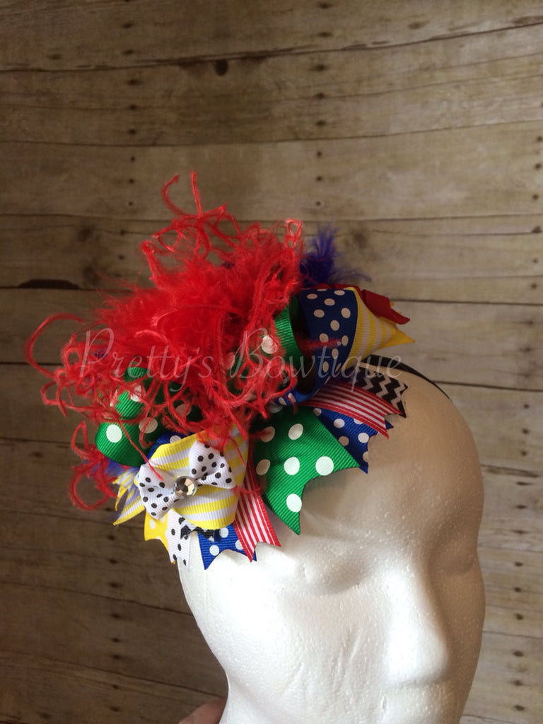 Over the top UNO inspired bow with feathers, layered ribbon on a clip or headband uno - Pretty's Bowtique