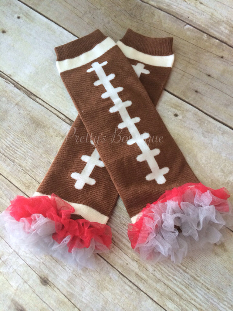 Football Scarlett and Gray Ohio State Leg Warmers-Baby leg warmers/Photo Prop and ruffles Football red and GRAY OSU inspired - Pretty's Bowtique