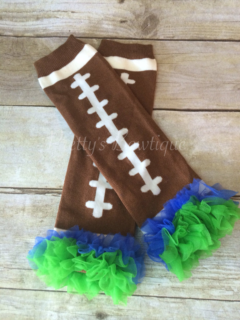 Leg Warmers-Baby leg warmers/Photo Prop and ruffles Football Blue/Green - Pretty's Bowtique
