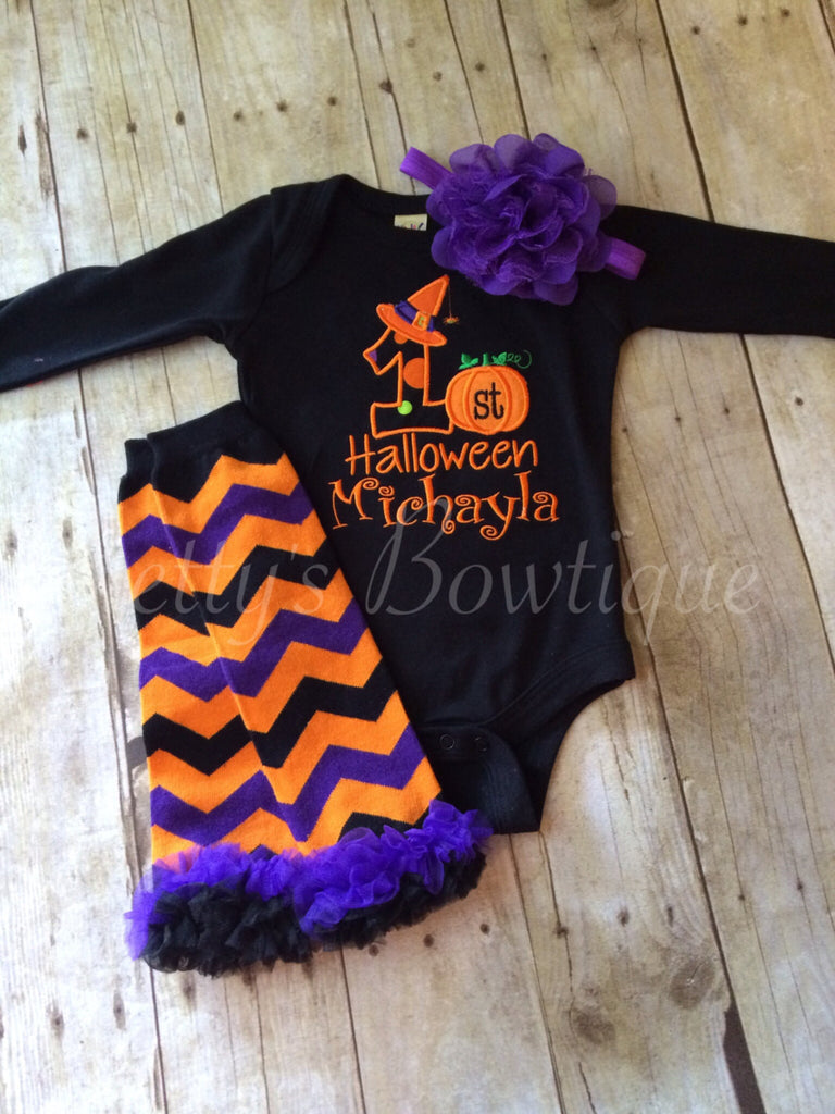 Baby Girls First Halloween Outfit with T Shirt or Bodysuit, Legwarmers and Flower Headband – Sizes 3 Month to Youth - Pretty's Bowtique