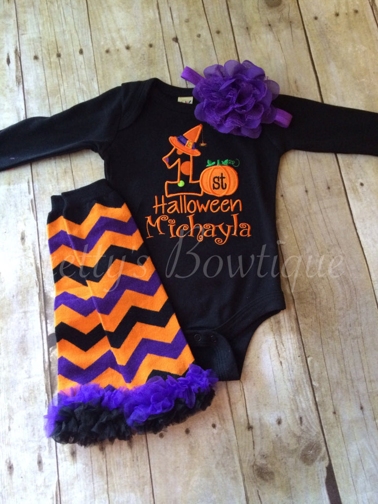 Baby girls My 1st Halloween shirt or bodysuit witch hat Black shirt with headband, diaper cover and legwarmers - Pretty's Bowtique