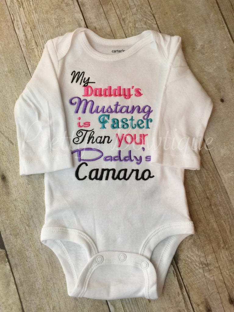 My daddy's mustang is faster than your daddy's Camaro shirt -- Girls outfit shirt or bodysuit, legwarmers and headband - Pretty's Bowtique