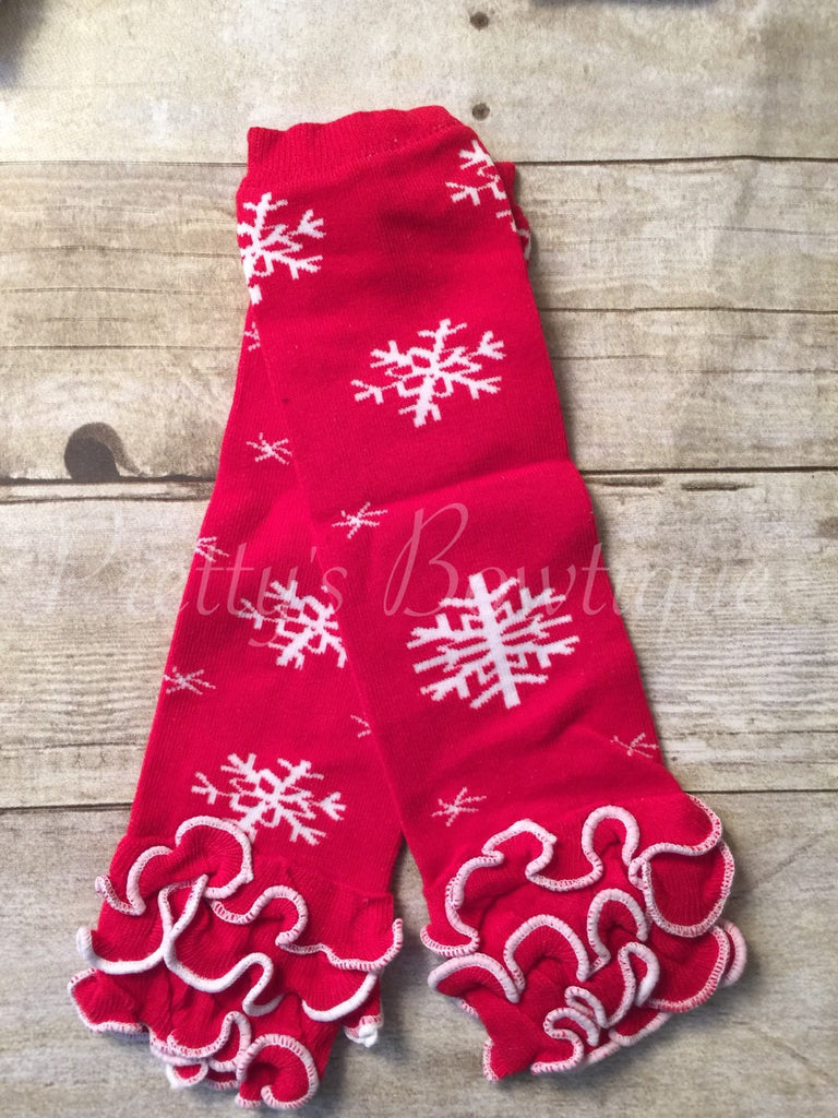 Red Leg Warmers with Snowflake Pattern and Ruffles for Sizes 3 Months to 4 Years - Pretty's Bowtique