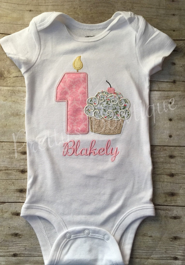Girls cupcake birthday shirt or bodysuit  -- Shabby Chic Cupcake birthday shirt any age -- Girls 1st Birthday shirt - Pretty's Bowtique