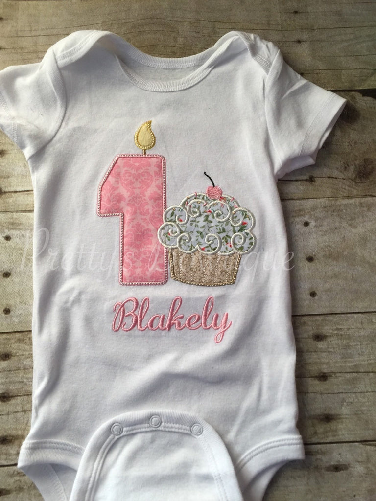 Girls cupcake birthday shirt or bodysuit  -- Shabby Chic Cupcake birthday shirt any age -- Girls 1st Birthday shirt - Pretty's Bowtique