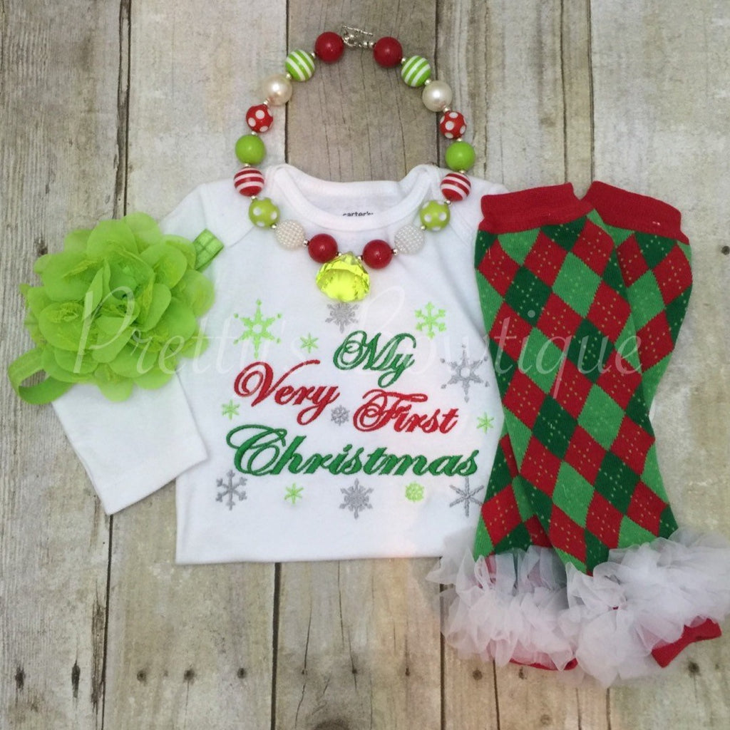 Baby girl 1st Christmas outfit - My Very First Christmas Set Shirt, Legwarmers, Headband, and Necklace - Pretty's Bowtique