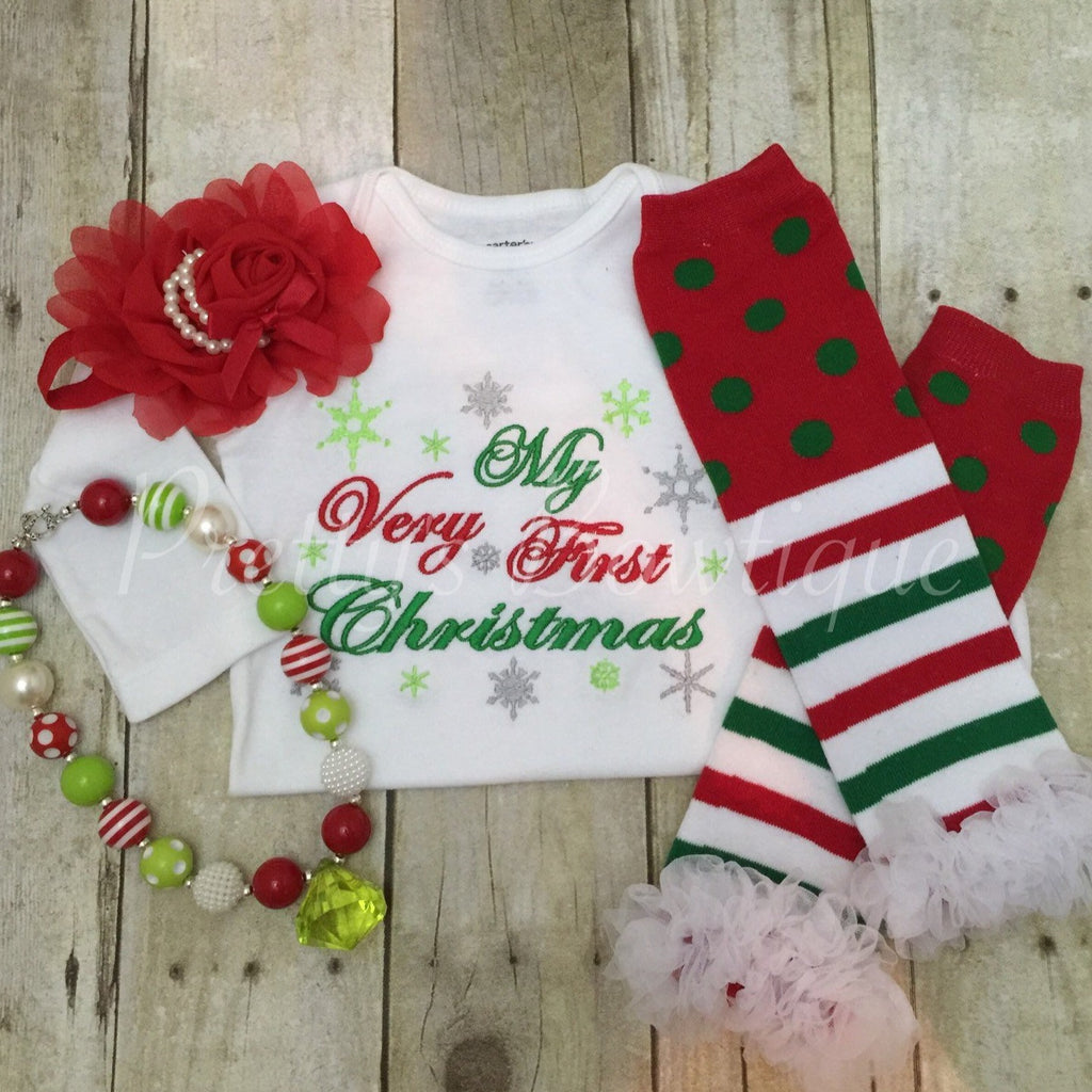 My Very First Christmas Holiday Outfit in Sizes Newborn to 2T - Bodysuit or Shirt with Leg Warmers, Necklace and Headband - Pretty's Bowtique